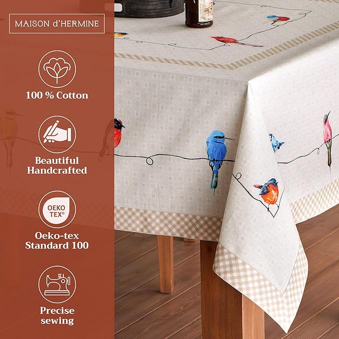 Maison d' Hermine Table Cloth Rectangle Table 100% Cotton 70 x 90 Inches Tablecloth Reusable Decorative for Dining Room Farmhouse Home Valentines Day Decorations Spring Summer - Birdies on Wire