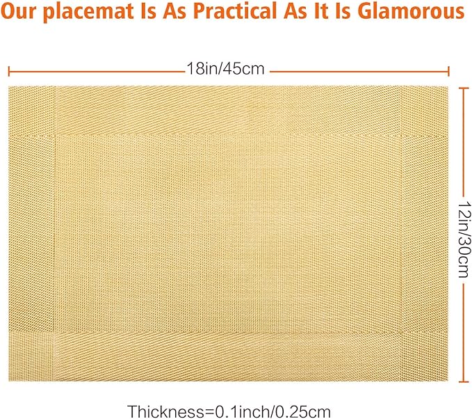 Placemats Set of 4,Washable,Heat and Stain Resistant Indoor/Outdoor Place mats,Vinyl Woven Non Slip Table Mats for Restaurant Table Protection,PVC Placemats(Gold 4PCS)
