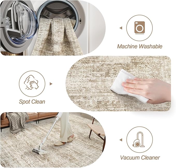 Area Rug 10x12 Vintage Washable Living Room Large Carpet Non Slip Bedroom Indoor Office Dining Room Low Pile Thin Rug Brown