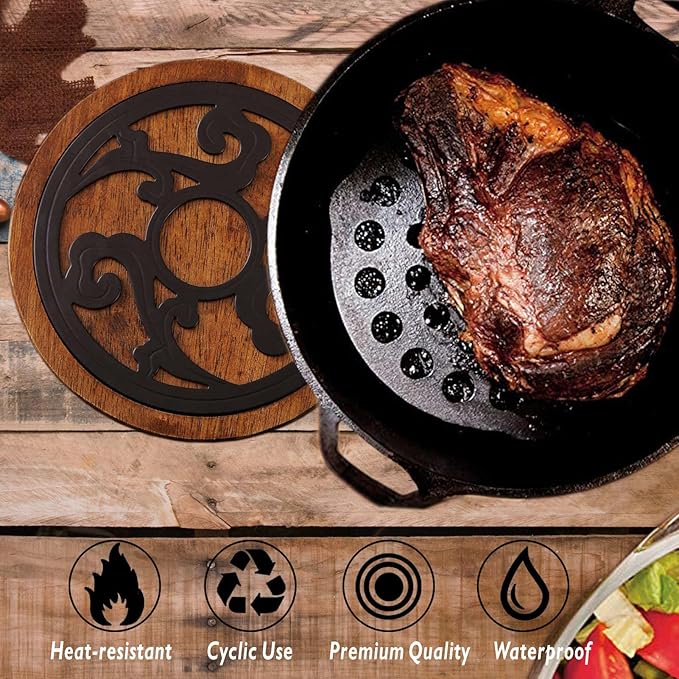 Cast Iron with Wood Trivets Set of 2, Wooden Trivets for Hot Dishes, 8-inch Round Kitchen Hot Pads for Table and Kitchen Counter- Heat Resistant, Rustproof, Non-Slip Durable, Hand Crafted (Black)