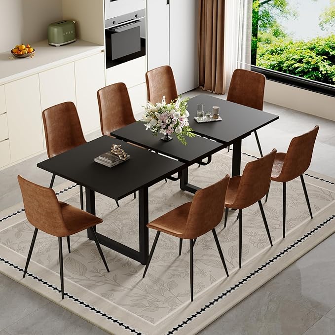 Extendable Dining Table Set for 8, 55"–71" Modern Black Kitchen Table with 8 Upholstered Chairs, Space-Saving for Living Room Apartment, Sturdy & Comfortable, Easy Assembly
