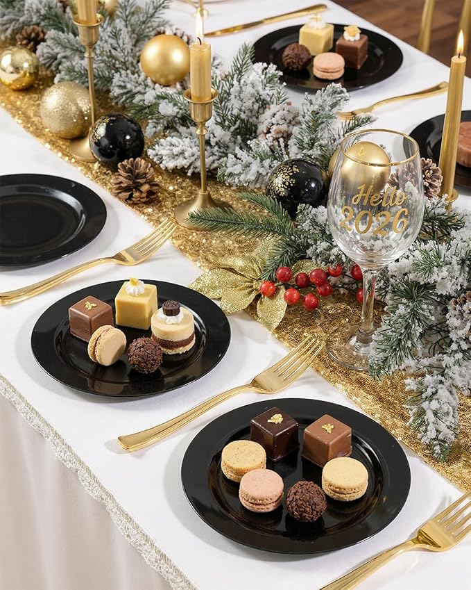 bUCLA 100 Pieces Black Plastic Plates - 6.25 inch Disposable Dessert/Salad/Appetizer/Small Cake Plates for Party, Graduation & New Year