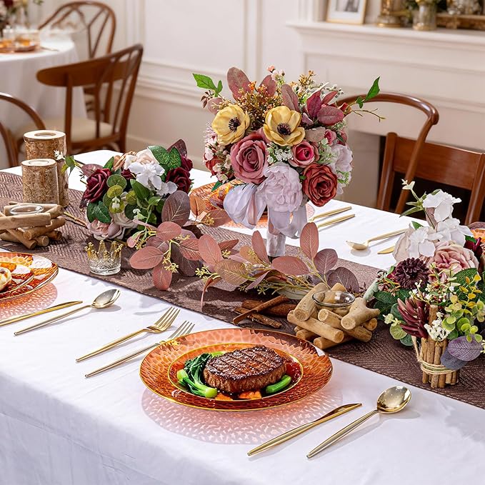 Rubtlamp 60Pcs Amber Plastic Plates - Brown Disposable Plates With Gold Rim, Clear Heavy-duty Party Plates, Hammered Plates Include 30 Dessert Platos, 30 Dinner Platos for Party