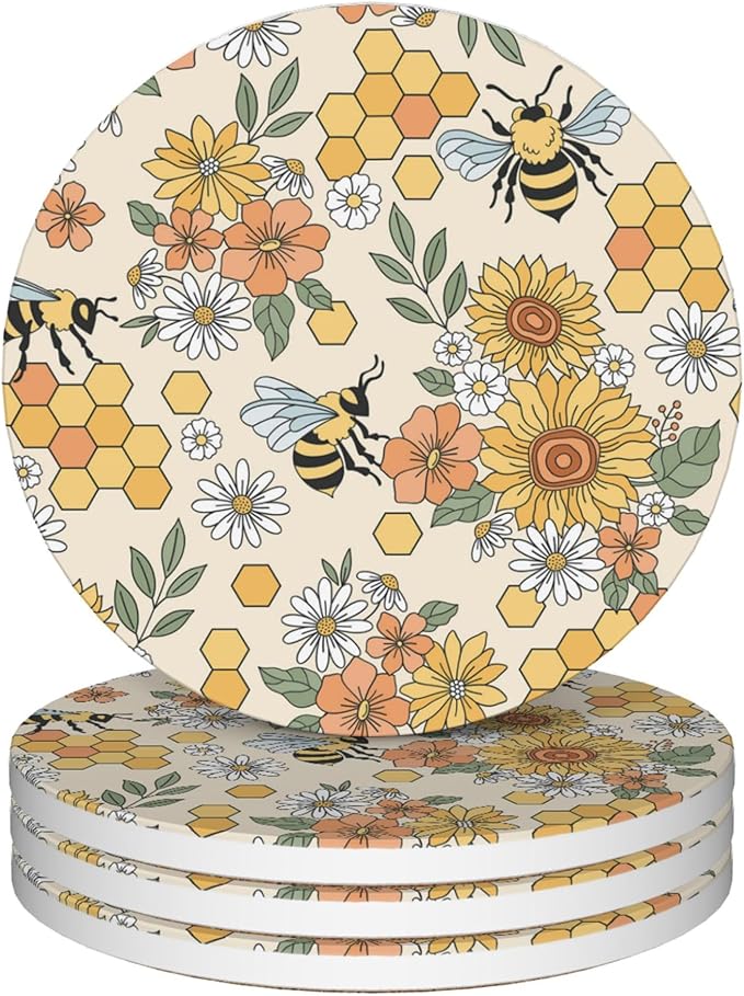 Coasters for Drinks,Retro 70s 60s Groovy Flower Bee Absorbent Coaster Set of 4 with Cork Base,Ceramic Drink Coasters for Cold Drinks Wine Glasses Cups Mugs,Housewarming Gifts for Home Decor