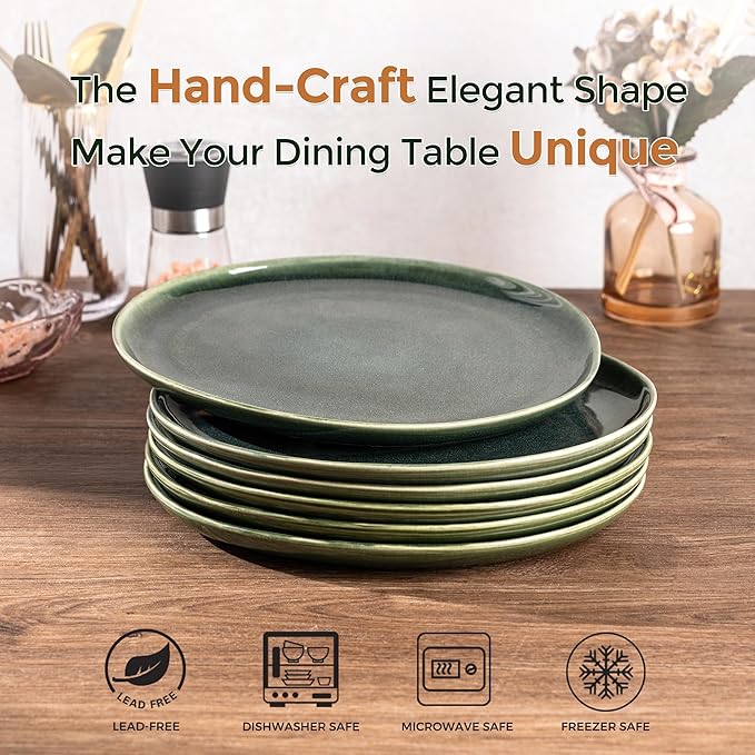 AmorArc Ceramic Dinner Plates Set of 6, 10.5 Inch Handmade Reactive Glaze Stoneware Plates, Rustic Shape Dinnerware Dish Set for Kitchen, Microwave & Dishwasher Safe, Scratch Resistant