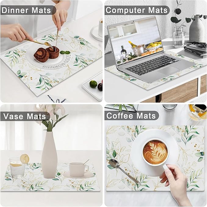 Leaves Printed Placemats Set of 4 Watercolor Sage Green Gold Branch Place Mats Washable Rectangular Spring Table Mats for Party Home Kitchen Restaurant Dining Table Decor 12x18 Inch