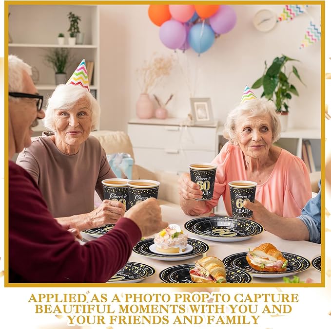 Pickmesh 250 Pcs 60th Birthday Disposable Tableware Set Black and Gold Cheers to 60 Years Disposable Paper Plates Napkins and Cups for 60th Birthday Wedding Anniversary Party Supplies Decorations