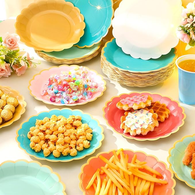 48 Pcs Colorful Coral Paper Plates 9 Inch Pastel Rainbow Scalloped Paper Plates Disposable Dinner Dessert for Birthday Wedding Bridal Party Supplies, 6 Colors
