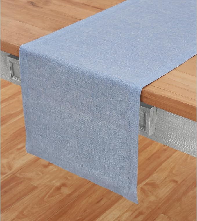 Solino Home Linen Table Runner 144 Inches Long - Athena, 100% Pure Linen Chambray Blue 14 x 144 Inch Table Runner for Dining, Spring, Easter