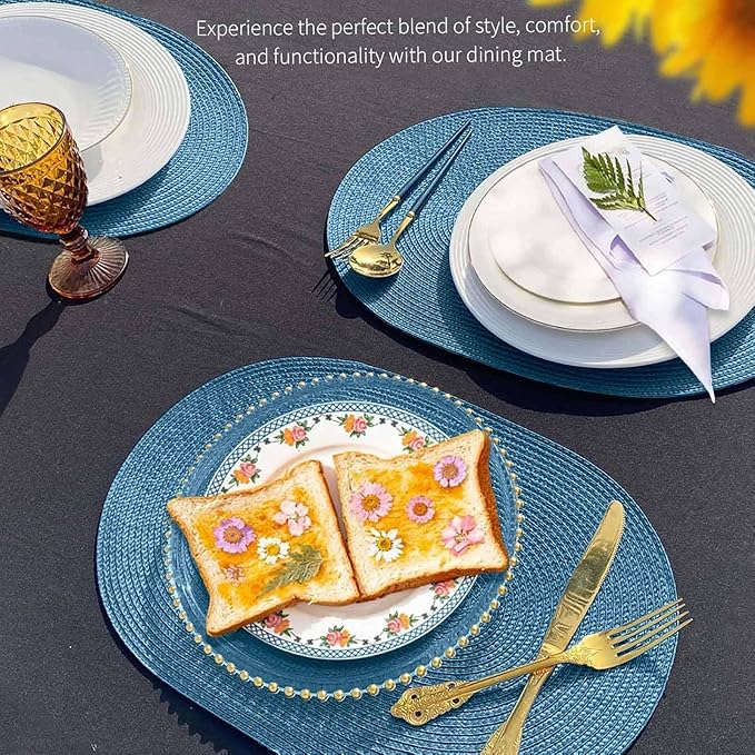 FunWheat Oval Braided Placemats Set of 4 Table Mats for Dining Tables Washable Heat Resistant Place Mats for Indoor Outdoor Use 12 x18 Inch(Oval Blue, 4pcs)