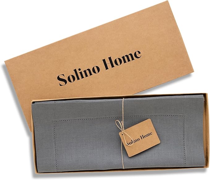 Solino Home Linen Steel Gray Hemstitch Table Runner 60 Inches - 100% Pure Linen Small Table Runner 14 x 60 Inch Ideal for Dresser and Coffee Tables, Spring - Classic Hemstitch