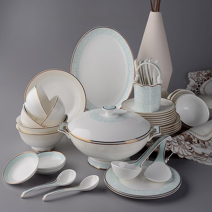 Fine Bone China Dinnerware Set,Porcelain&Ceramic Dinnerware Sets,Bone Stoneware & Ceramic Cookware Tableware Set Includes Dinner Plates|Spoons|Pasta Bowls|Soup Pot|Chopsticks (42PCS * 8-Person Set)
