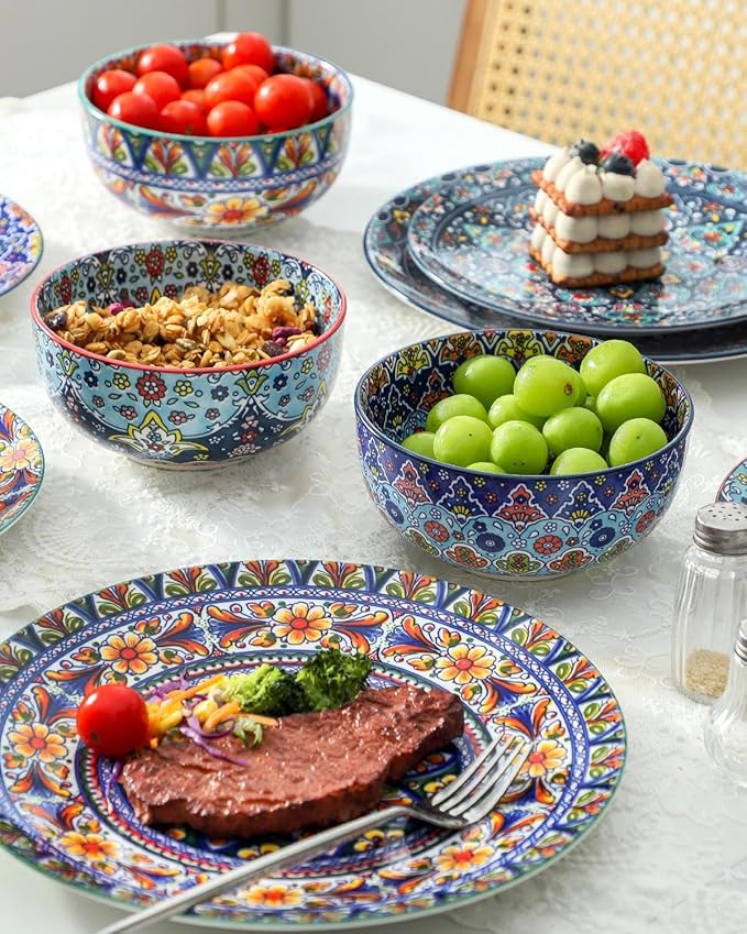 glowworm Dinner Plates Set of 4, 10.5 Inch Ceramic Plates for Steak, Dishes Set for Kitchen, Housewarming Gift，Microwave, Oven & Dishwasher Safe, Bohemian