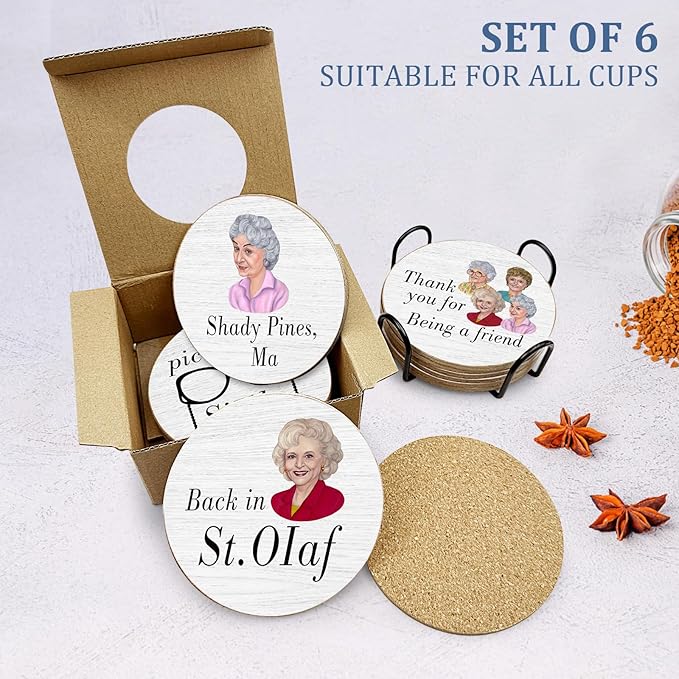 6 PCS Golden Girls Cork Coasters for Drinks,Golden Girls TV Show Merchandise,Funny Set with Coaster Holder,Golde Girl Kitchen Decor,Golde Girl TV Themed Coasters Gifts for Fans