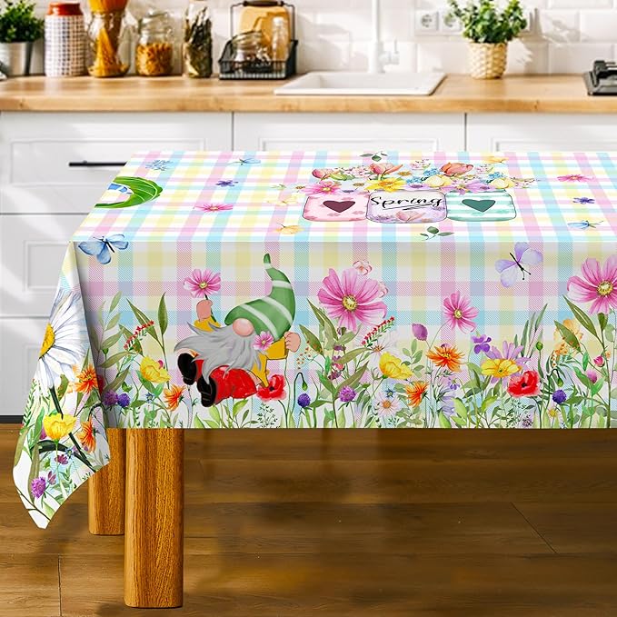 Spring Tablecloth, Rectangle 60 x 104 with Gnome Flowers, Oblong Tablecloth Buffalo Check Plaid Kitchen Table Cover for Dining Room Indoor Decor
