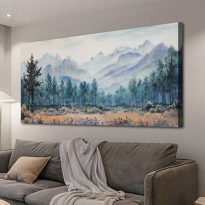 Anolyfi Foggy Forest Mountain Canvas Wall Art, Nature Tree Landscape Painting Textured Wall Decor for Christmas Gift Living Room Bedroom Dining Room Kitchen Office Home Decor 40"x20"