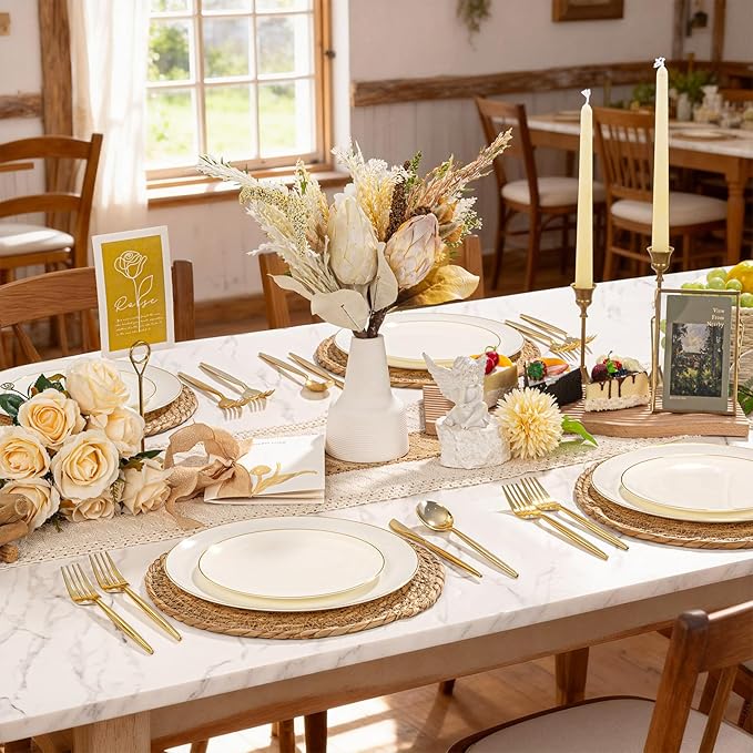 I00000 150Pcs Ivory Plastic Plates with Gold Rim,Nice Disposable plates,Gold Plastic Plates,Ivory Disposable Plates Set include 30 Dinner Plate,30 Dessert Plate,90 plastic Silverware Set for Party