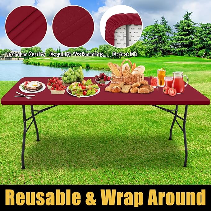 Smiry Rectangle Picnic Table Cloth, Waterproof Elastic Fitted Tablecloths for 6 Foot Tables, Washable Polyester Table Cover for Camping, Indoor and Outdoor (Wine Red, 30"x72")