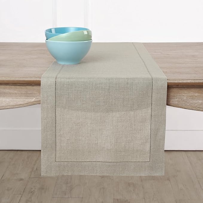 Solino Home Linen Natural Table Runner 48 Inches - Classic Hemstitch, 100% Pure Linen Coffee Table Runner 14 x 48 Inch Ideal for Dresser Tables - Spring, Easter