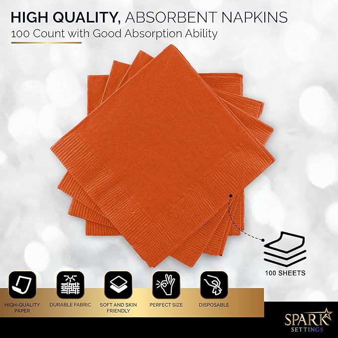 100 Pack Orange Beverage Napkins, Big Party Pack, 2 Ply, Ideal for Wedding, Party, Birthday, Dinner, Lunch, Cocktails. (5” x 5”) by Amcrate