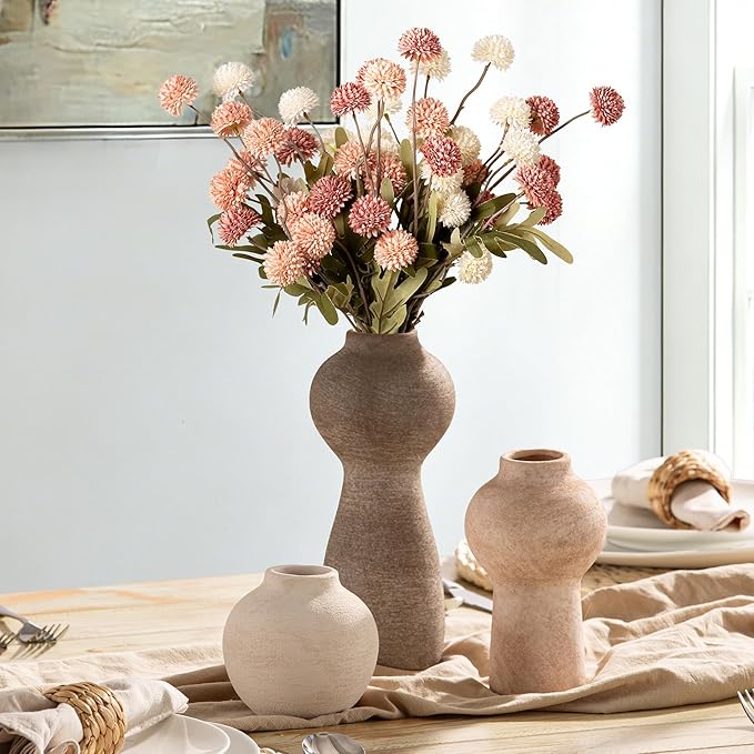 Ceramic Vase Home Table Decor - Flower Vase Set of 3 Living Room Kitchen Decorations Farmhouse Modern Rustic Vases Decorative Centerpiece for Shelf Bedroom Office Bathroom Dining Coffee Desk