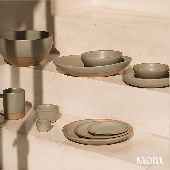 MORA Medium Plates Set of 4, 8.5 inch Ceramic Pottery Salad Plates - Microwave, Oven and Dishwasher Safe - Peppercorn