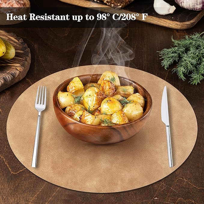 Round Placemats and Coasters Set of 6, Washable Reversible Faux Leather Placemats Cowhide Pattern Place Mats Wipeable Non-Slip 15 inch Round Kitchen Dining Table Mats (Gray Tan, 6)