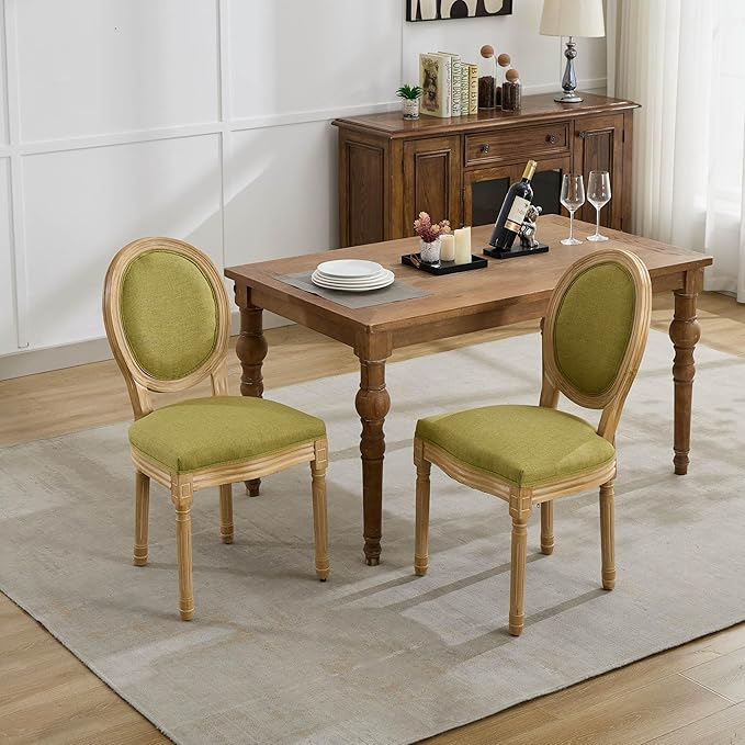 Vintage French Dining Chairs Set of 6, Round Back Upholstered Accent Chairs in Linen Fabric with Solid Wood Frame, Farmhouse Sillas de Comedor for Dining Room & Kitchen, Olive Green