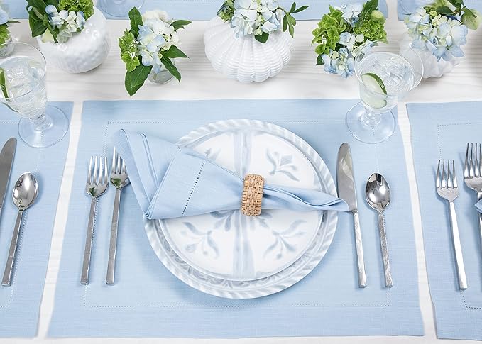 Solino Home Linen Placemats Set of 4 - Classic Hemstitch Sky Blue Placemats 14 x 19 Inch - 100% Pure Linen Table Mats for Spring, Easter