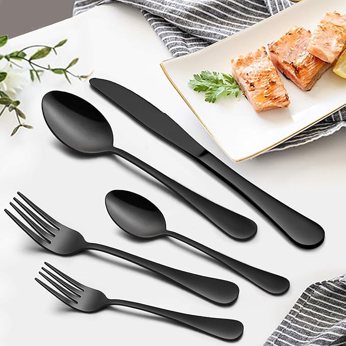 LIANYU 46-Piece Black Silverware Flatware Set for 8, Stainless Steel Flatware with Serving Utensils, Elegant Cutlery Tableware Includes Forks Spoons Knives, Mirror Polished