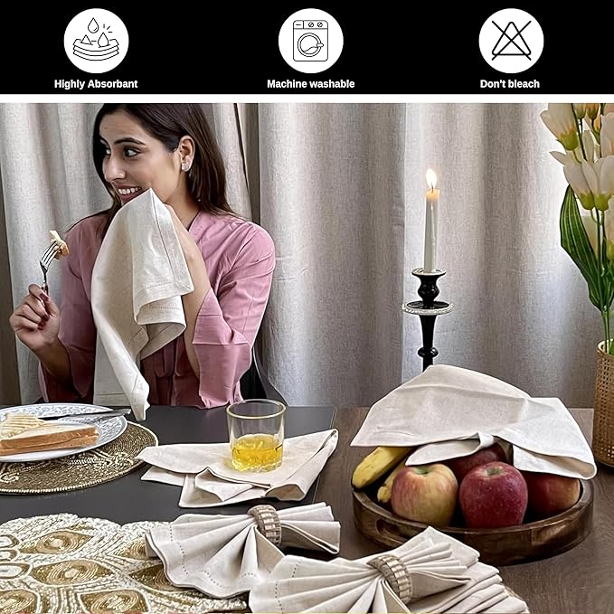 Bedding Craft Linen Flax Cotton Cloth Dinner Napkins Set of 12 – 20x20 Natural Hemstitched Fabric – Machine Washable Elegant Reusable Table Napkins for Weddings, Parties & Dining Décor