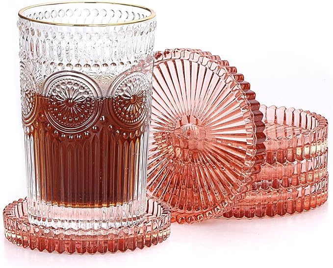 JUXYES 5 Pack Amber Tone Crystal Coasters Round Cup Mat, Glass Coasters for Drinks Coffee Tea Wine, Decorative Wine Bottle Coaster, Crystal Drink Coaster for Restaurant bar Kitchen Dining Table