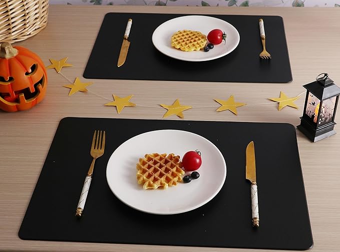 Faux Leather Halloween Placemats HeloHo Black Table Place Mats Set of 4 Waterproof Oilproof Heat Stain Resistant Placemats Washable Wipeable Placemat for Kitchen Dining Table Decoration Indoor Outdoor