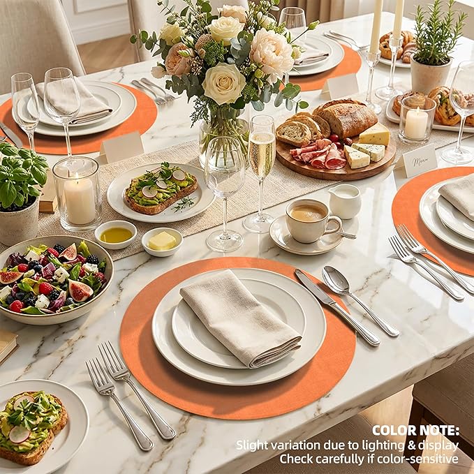 15 inch Faux Leather Round Placemats Set of 4 Non-Slip Washable Wipeable Table Mats, Heat Resistant Waterproof Oilproof Orange Place Mats for Kitchen, Dining, Party, Indoor, Outdoor