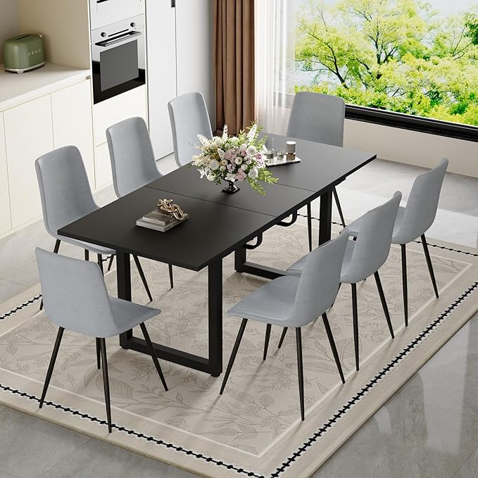 Extendable Dining Table Set for 8, 55"–71" Modern Black Kitchen Table with 8 Upholstered Chairs, Space-Saving for Living Room Apartment, Sturdy & Comfortable, Easy Assembly