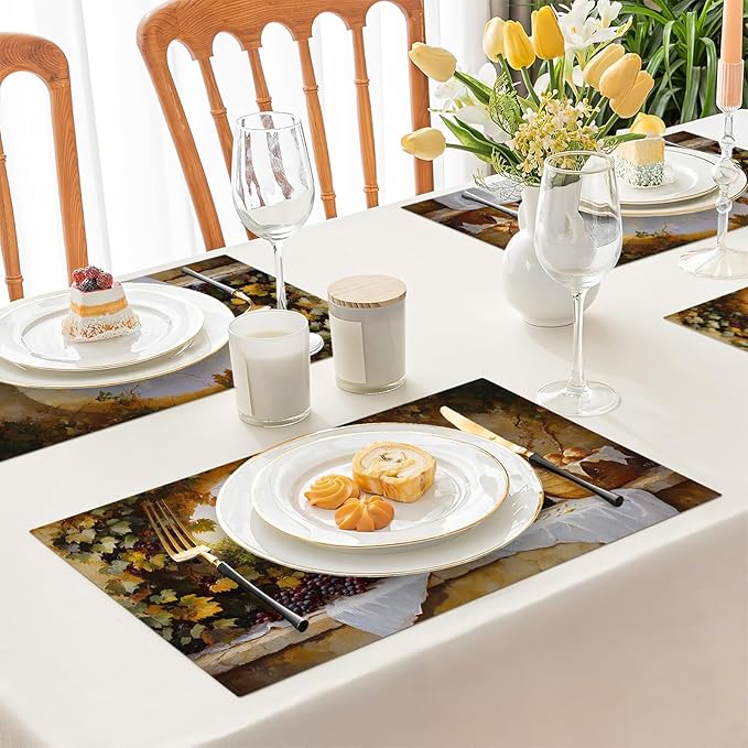 Wine Placemats Set of 4, French Country Grape Place Mats, Grapes Waterproof Washable Table Mats for Home Party Indoor Kitchen Dining Table Decoration 12x18 Inch