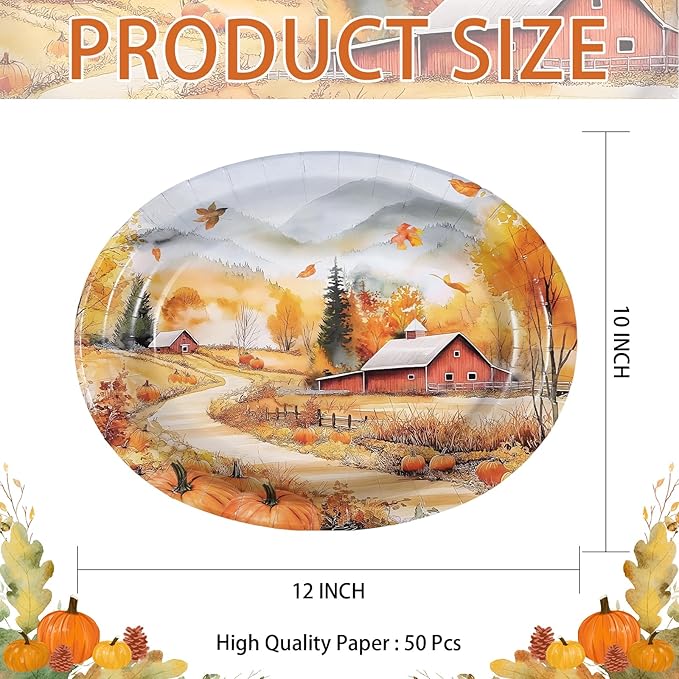 Grencian 50 Pcs Fall Landscape Oval Paper Plates Thanksgiving Oval Paper Plates 10" x 12" Large Disposable Heavy Duty Autumn Scenery Platters for Fall Theme Party Harvest Holiday Party Supplies