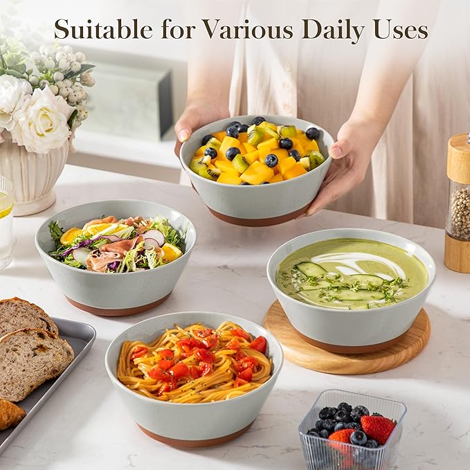 MALACASA Soup Bowls, Ceramic Salad Bowls Set of 4, 35oz Ceramic Bowls for Ramen, Cereal, Fruit and Pho, Microwave & Dishwasher Safe, Speckled Deep Bowls, Grey & Brown