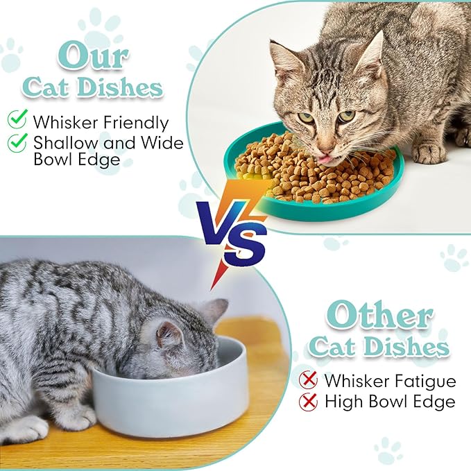 Silicone Dog Bowl Shallow Cat Food Bowls 7" Wide Puppy Plates Whisker Fatigue Pet Feeding Dishes Set of 2 for Dry and Wet Food Indoor (Round Blue)