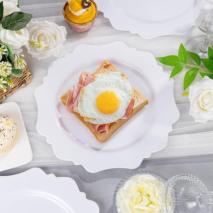 COLOSUS 100pcs 7.5 Inch White Plastic Dessert Plates,Heavy Duty Disposable Appetizer Plates,Premium Plastic Salad Plate,Fancy Disposable Cake Plate for Party, Thanksgiving and Everyday Use