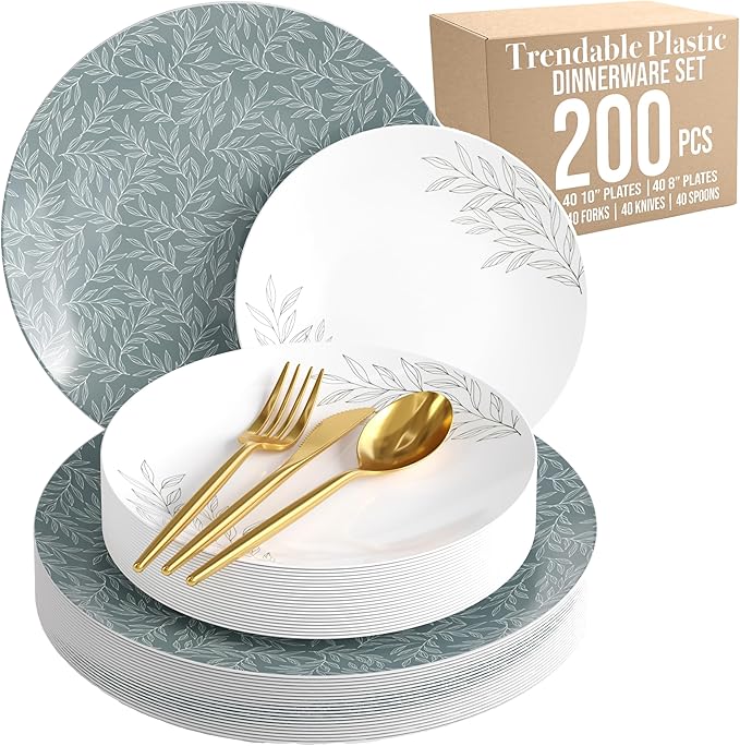 Trendables Fancy Plastic Dinnerware Sets 200 Pc Set 40 Guests Gold Silverware Disposable 40 X 10 Inch Charger Plates 40 X 8 Inch Dessert Plates 40 x Gold Plastic Forks and Spoons Knives In Aleh