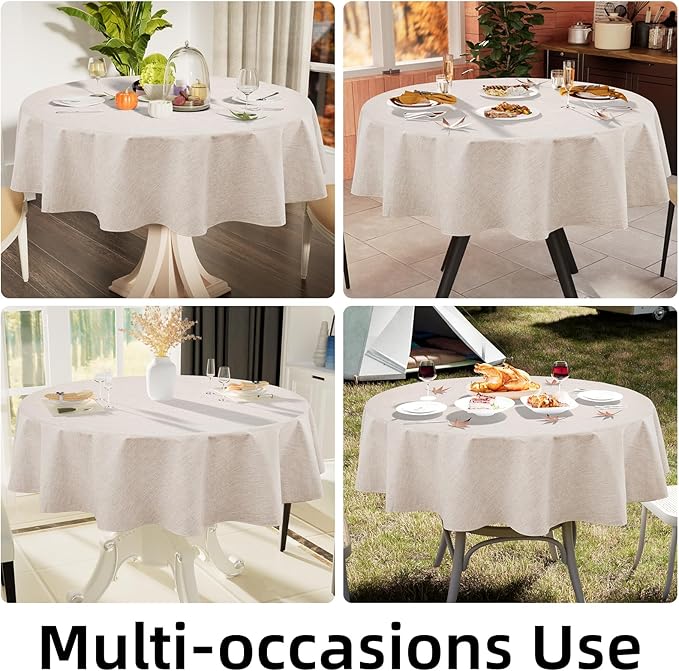 Smiry Round Faux Linen Table Cloth, Waterproof Burlap Fabric Tablecloth, Washable Decorative Farmhouse Table Covers for Kitchen, Dining, Parties, 60x60, Tan
