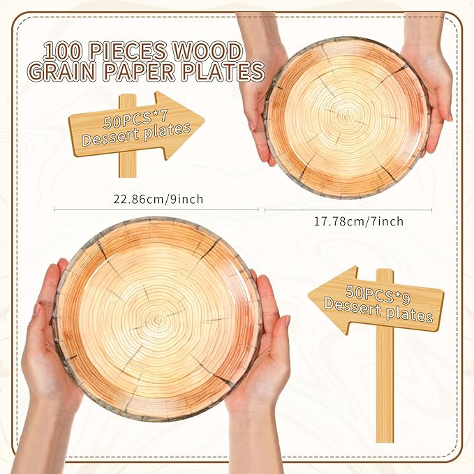 Tioncy 100 Pieces Wood Grain Paper Plates 7" 9" Rustic Wood Slice Plate Farmhouse Round Disposable Dinner Dish for Woodland Baby Shower Lumberjack Birthday Party Supplies