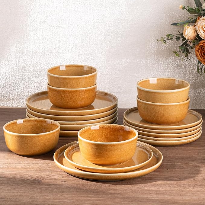 GBHOME Ceramic Dinnerware Sets for 8, 24 Pieces Stoneware Plates and Bowls Sets, Scratch Resistant Dishes, Dishwasher & Microwave Safe, Reactive Glaze-Amber