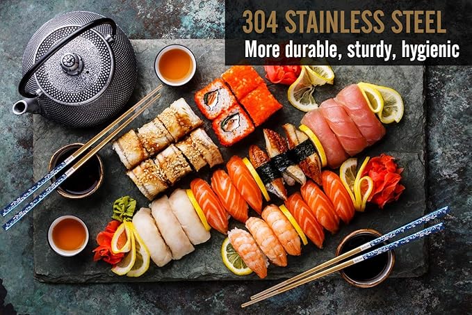 Metal Chopsticks Titanium Plated Stainless Steel Chopsticks Reusable Dishwasher safe Japanese Korean Chopstick lightweight Laser Engraved Anti-slip Chop sticks for Eating 2 Pairs Gift Set Blue Gold