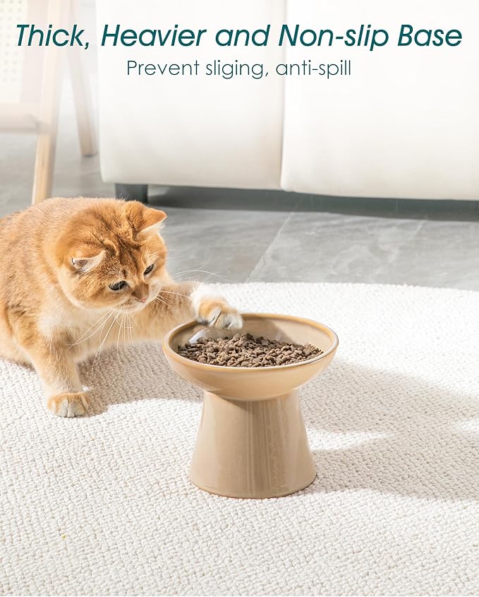 vancasso Ceramic Elevated Cat Bowls 2-Pack - 6.2" Extra Wide Raised Cat Food & Water Dishes, 5.1" Optimal Height Anti-Whisker Fatigue Shallow Bowls for Cats/Kittens/Dogs, Lead & Cadmium Free (Brown)