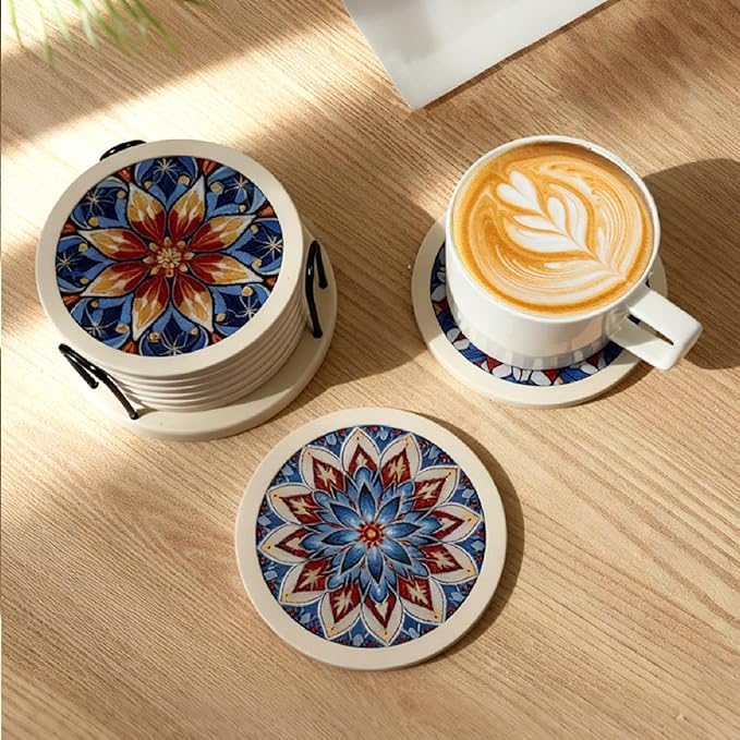 Mandala Non-Slip Silicone Coasters, 4-Pack Double-Sided Absorbent Cup Mats for Hot & Cold Drinks, Scratch & Water Ring Protection for Wood Tables, Home Office Bar Use (6PC Wanda La)
