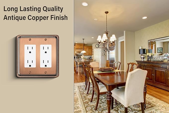 Henne Bery Rope Edge Decorative Wall Plate Switch Plate Outlet Cover (Double Decorator, Antique Copper)