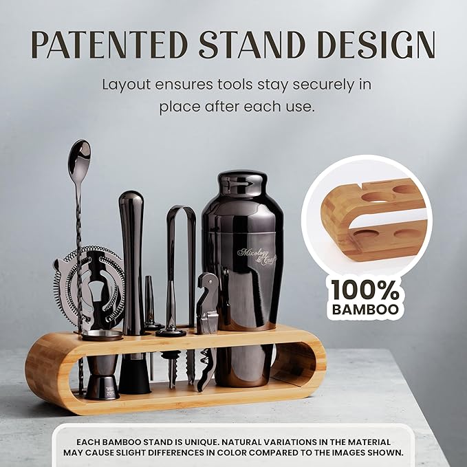 Mixology & Craft Cocktail Shaker Set with Bamboo Stand - Professional 18oz 10-Piece Bartender Kit - Complete Bar Set & Cocktail Mixer Kit for Home (Gunmetal)
