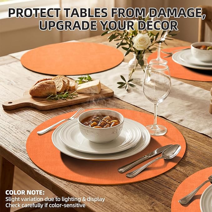 15 inch Faux Leather Round Placemats Set of 6 Non-Slip Washable Wipeable Table Mats, Heat Resistant Waterproof Oilproof Orange Place Mats for Kitchen, Dining, Party, Indoor, Outdoor